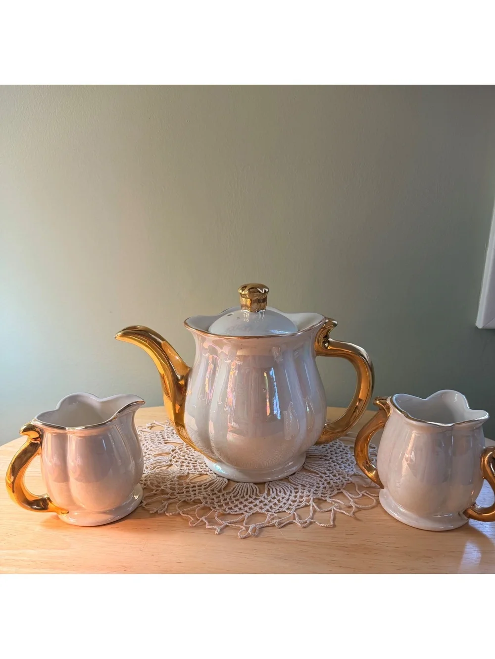 Vintage Ceramic Tea Set with Gold Accents - Teapot and Creamer Pitchers